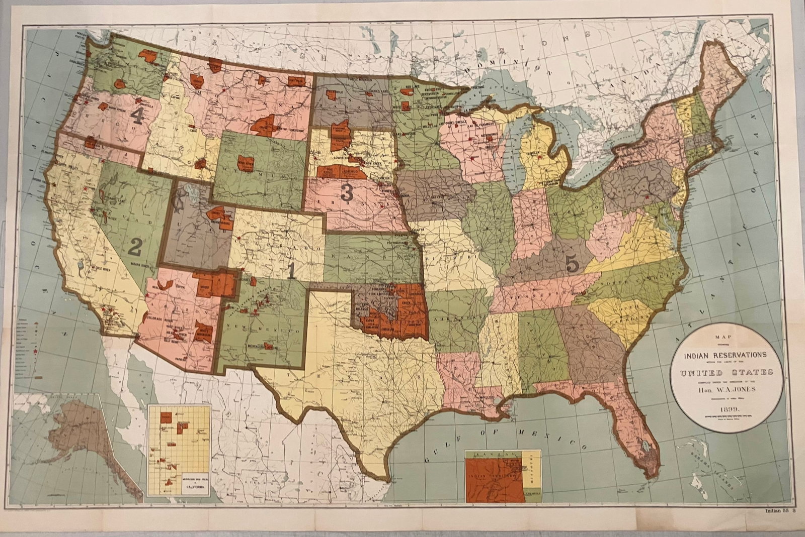1899 Map of Indian Reservations in the US -- Map Showing Indian Reservations within the Limits of: Title:1899 Map of Indian Reservations in the US -- Map Showing Indian Reservations within the Limits of the United States Compiled under the Direction of W. A. Jones Comissioner of Indian