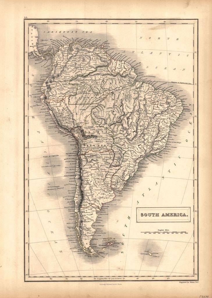 South America.: Publication Date:1847 Title:South America.,li>Cartographer:Sidney Hall Publisher:Adam & Charles Black Brief Description:Plate LI. Margins browned. Height:14.8 Width:10 Reserve: $45.00 Shipping: Dome