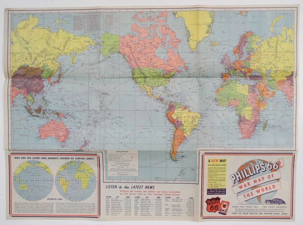 Phillips 66 War Map of the World.: Publication Date:c1943 Title:Phillips 66 War Map of the World.,li>Cartographer:GOUSHA, H. M. COMPANY, CHICAGO Publisher:PHILLIPS PETROLEUM Brief Description:Care for your car... for your
