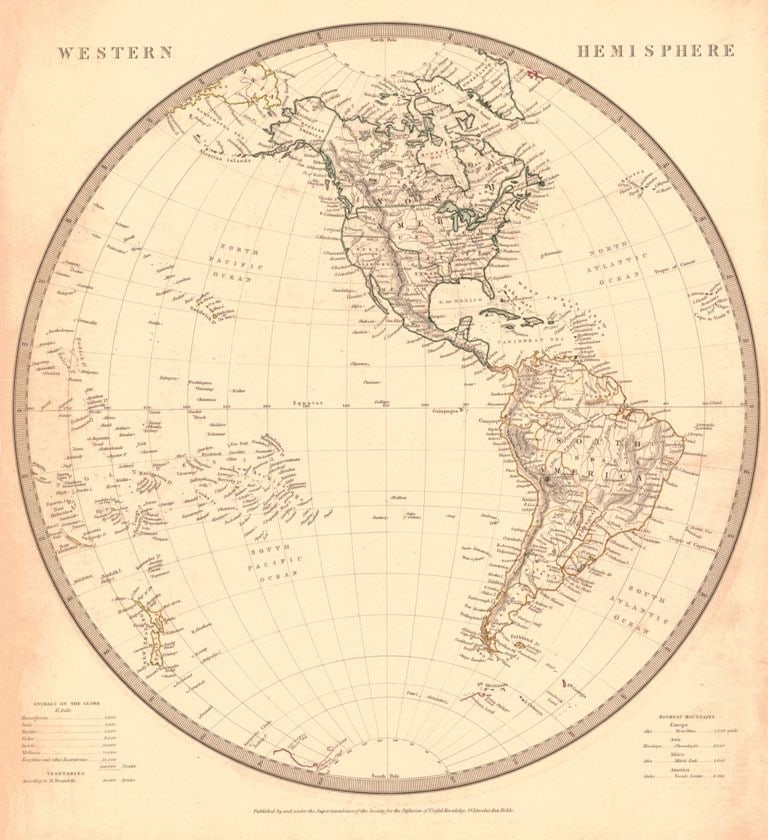 Western Hemisphere / Eastern Hemisphere: Publication Date:c1840 Title:Western Hemisphere / Eastern Hemisphere,li>Cartographer:WALKER, J. & C. Publisher:SOCIETY FOR THE DIFFUSION OF USEFUL KNOWLEDGE/S.D.U.K. Brief Description:Browned with rig