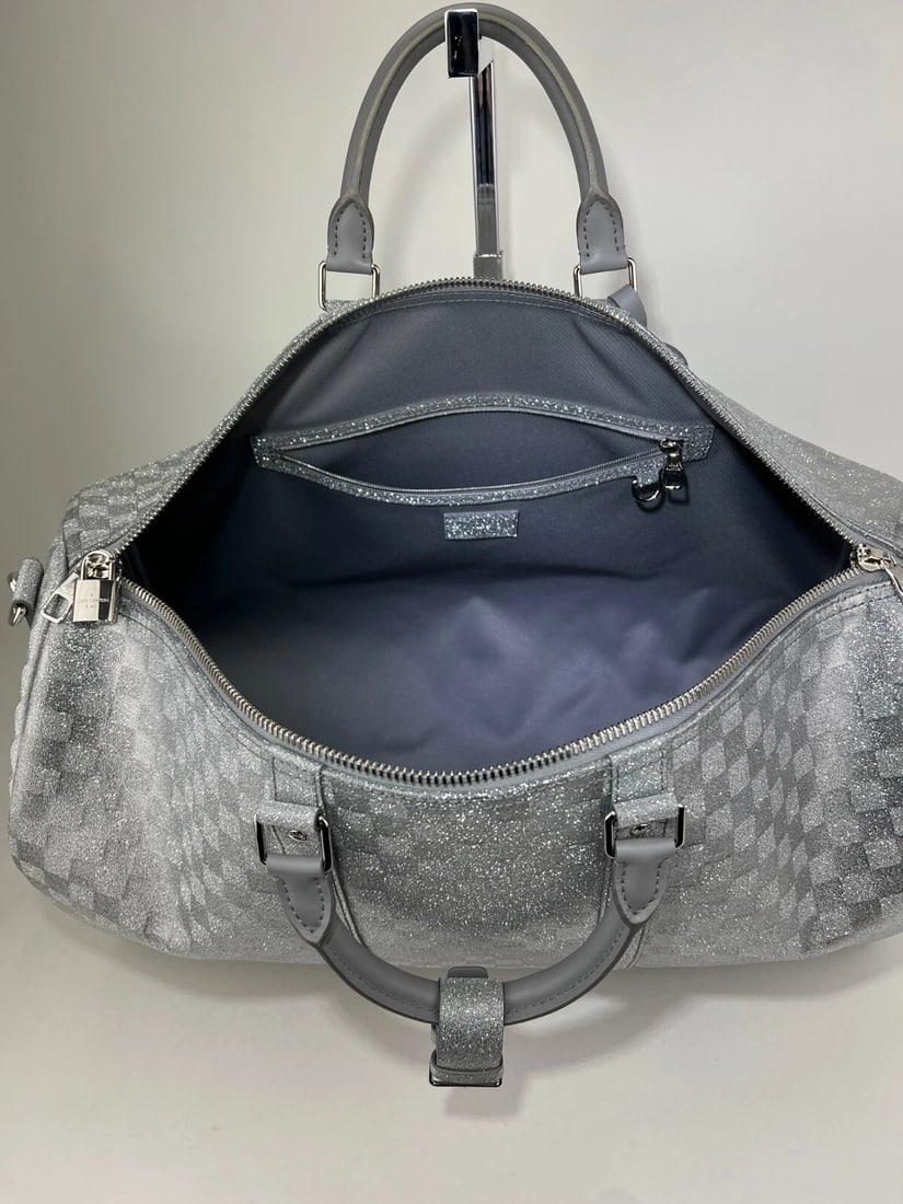 Louis Vuitton Duffle Keepall Bandouliere 50B Silver Glitter Damier Luggage - 4
