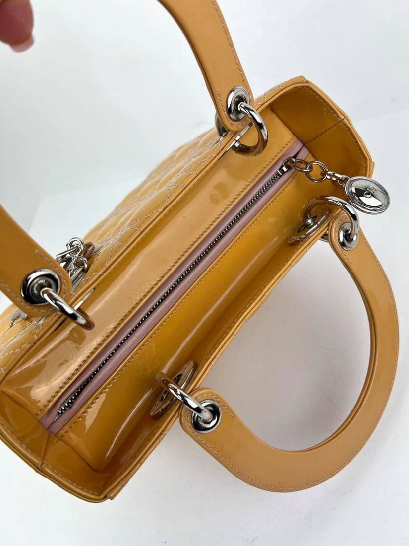 Christian Dior Yellow Patent Leather Cannage Medium Lady Dior Bag - 13