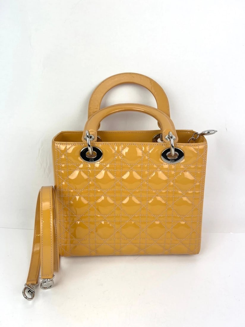 Christian Dior Yellow Patent Leather Cannage Medium Lady Dior Bag - 16