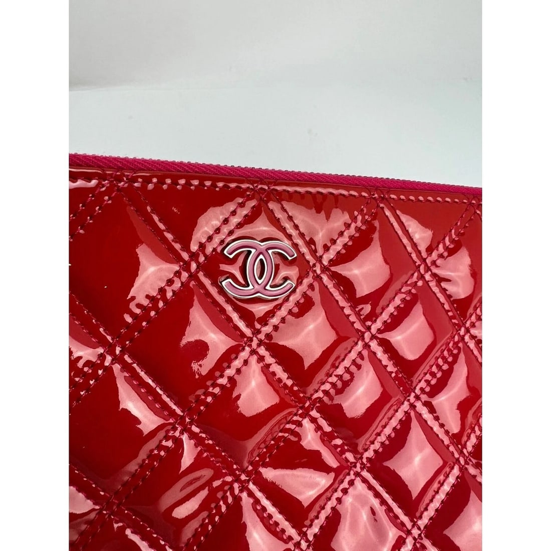 Chanel Patent Quilted Medium Cosmetic Case Dark Pink Clutch Bag - 13