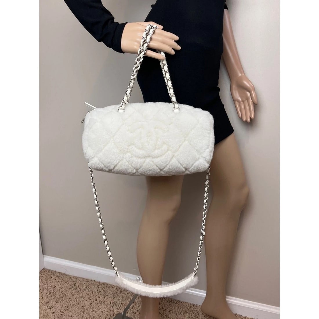 Chanel Shearling Quilted White Lambskin Bowler Crossbody Shoulder Bag - 11