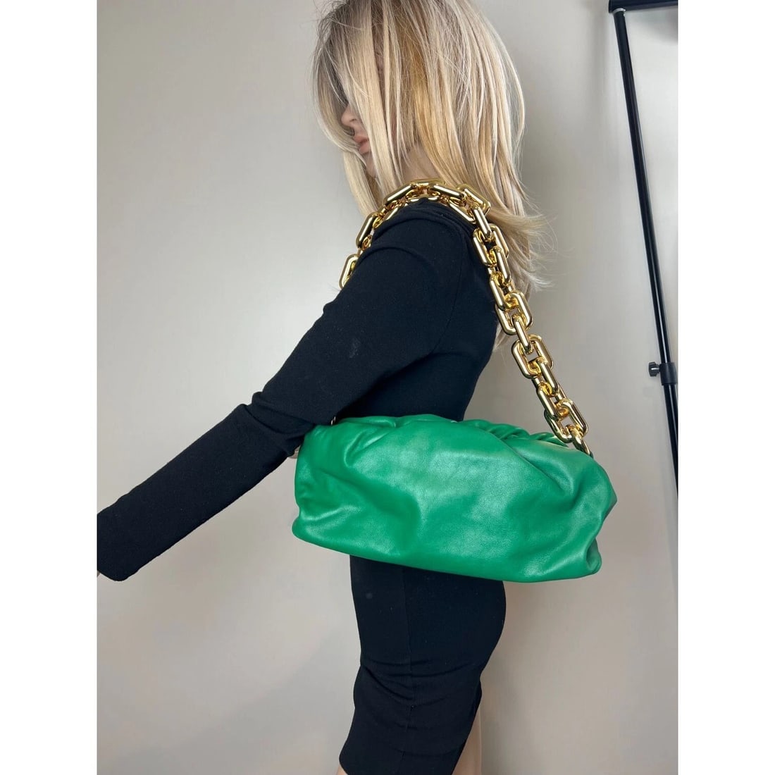 Bottega Veneta Green Chain Leather Pouch Bag Clutch - 5