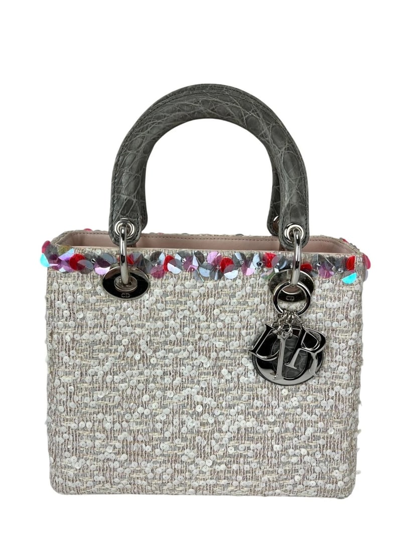 Christian Dior Sequins Tweed Medium Lady Dior Light Pink Bag: Title: Christian Dior Sequins Tweed Medium Lady Dior Light Pink Bag Description: Pre-Owned 100% Authentic Christian Dior Sequins Tweed Medium Lady Dior Light Pink Bag RATING: B+...Very Good, well