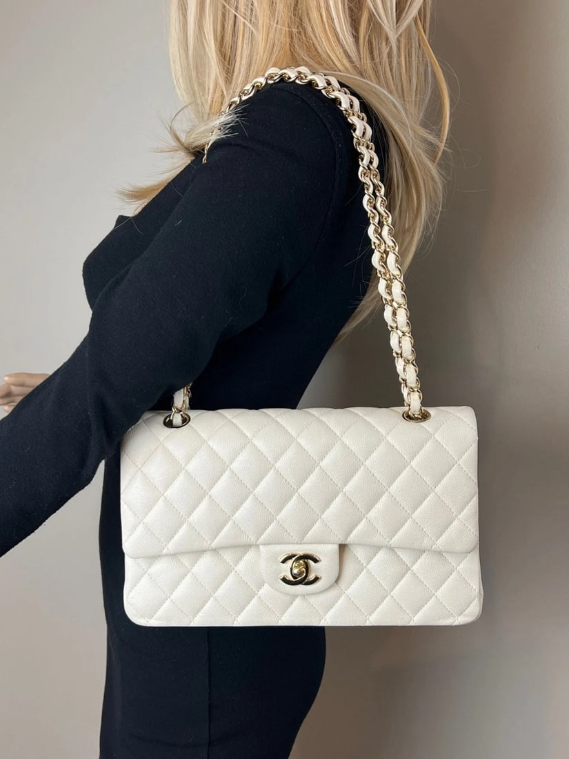 Chanel Caviar Quilted Medium Double Flap White Shoulder Bag - 18