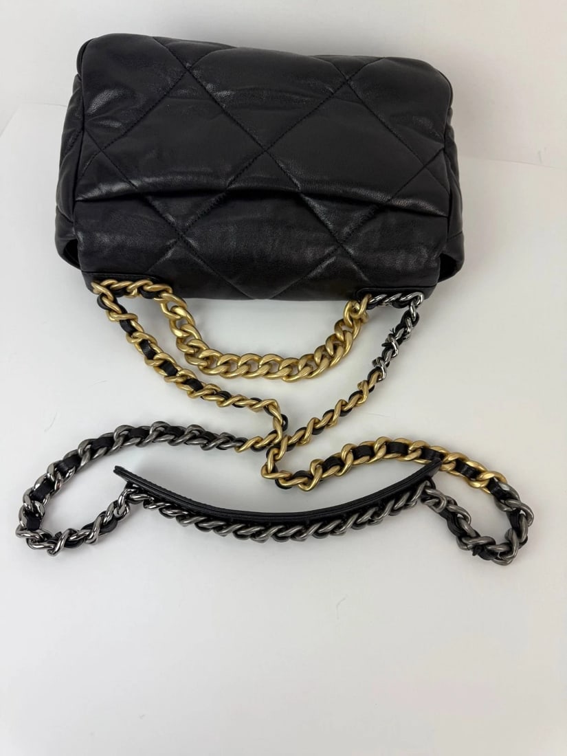 Chanel 19 Large Lambskin Quilted Small Black Smooth Flap Bag - 12