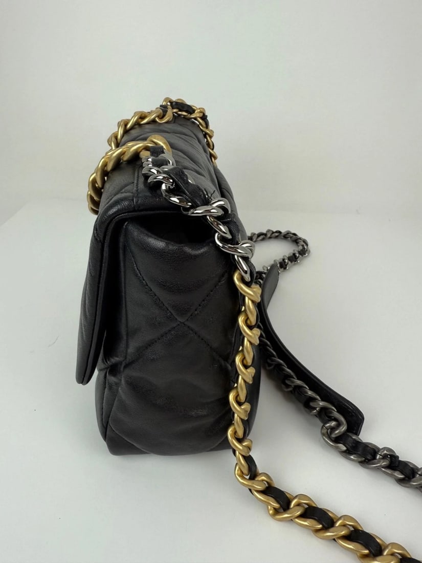 Chanel 19 Large Lambskin Quilted Small Black Smooth Flap Bag - 15