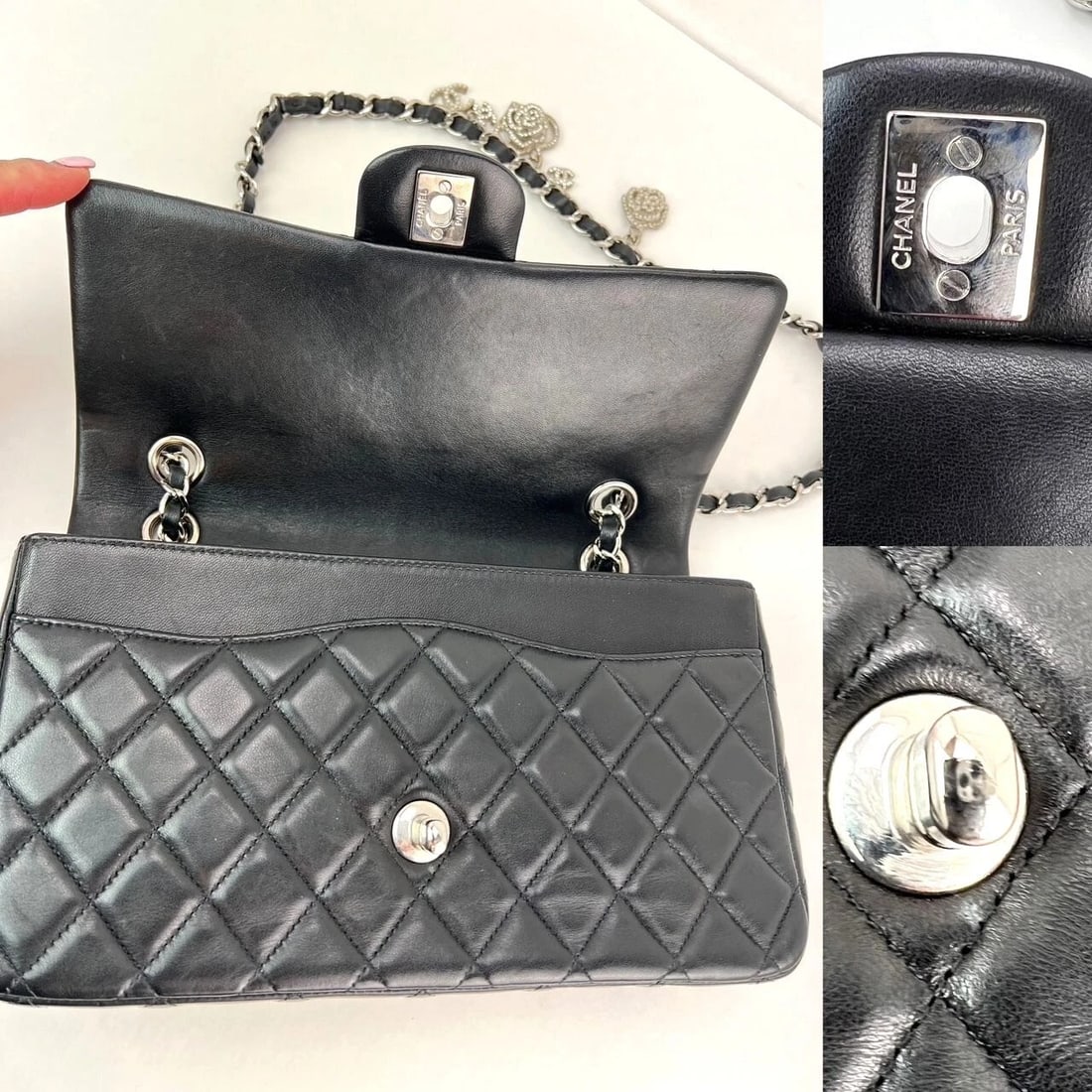 Chanel Quilted Lambskin Valentine Crystal Charms MM Single Flap Black Bag L - 6
