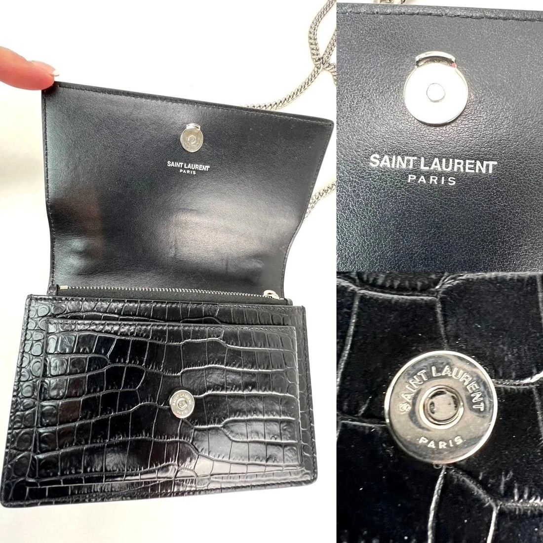 Saint Laurent Black Leather Sunset Wallet Chain Crocodile EmbossedBag - 3