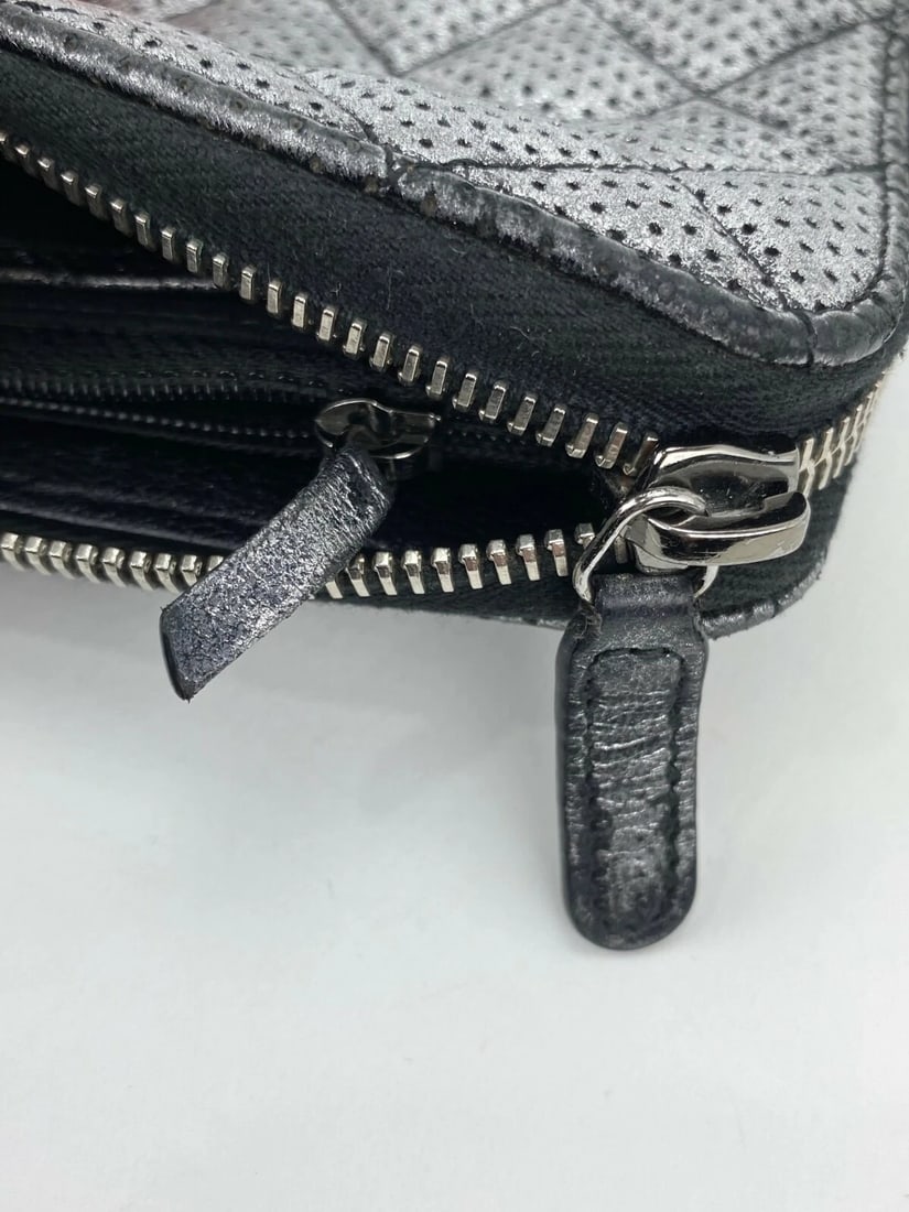 Chanel Wallet Perforated Silver Metallic Lambskin Quilted Zip Around - 8
