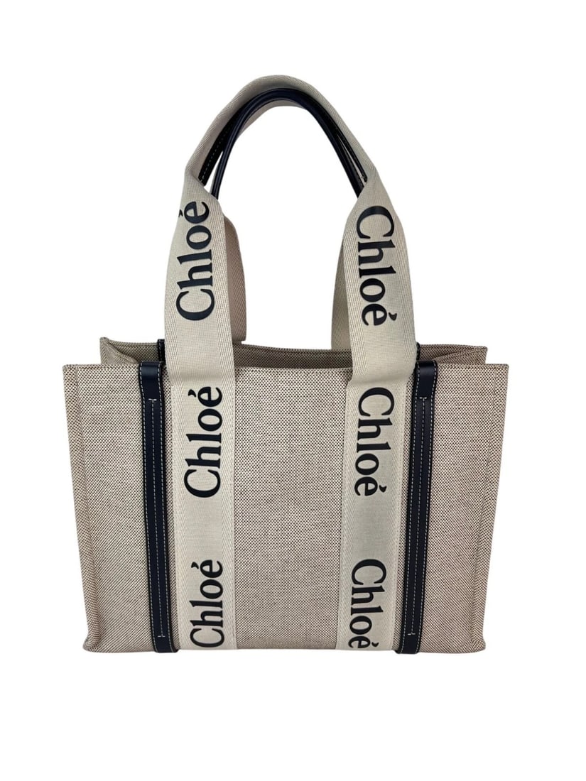 Chloe Woody Ribbon Medium Cotton Calfskin Beige Tote Bag (1 of 10)