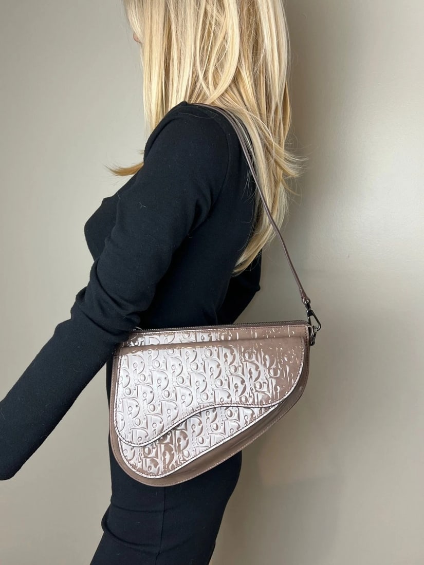 Christian Dior Saddle Boxy Patent Leather Plum Shoulder Hand Bag - 14