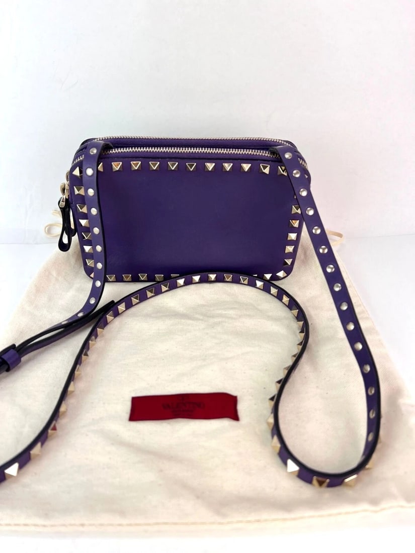 Valentino Rockstud Double Zip Purple Leather Crossbody Bag - 2