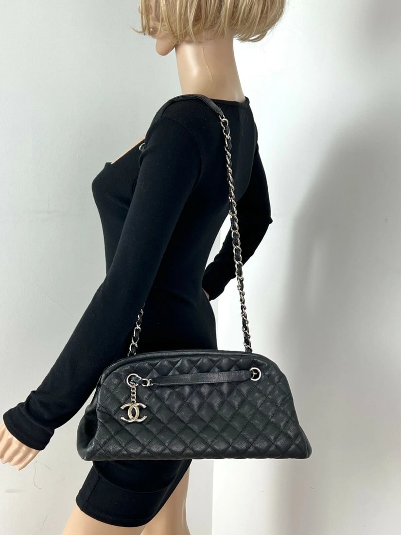 CHANEL Just Mademoiselle Quilted Caviar Black Leather Bowling Shoulder Bag - 9