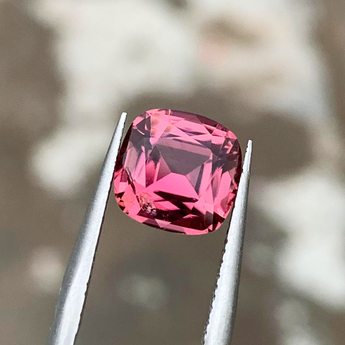 Pink Tourmaline Gemstone, Natural Tourmaline Ring Stone, 2.75 CT: Description Pink Tourmaline Gemstone, Natural Tourmaline Ring Stone, 2.75 CT Weight : 2.75 CT Dimensions : 9 x 8.5 x 5.5 MM Shape : Cushion Clarity : VS Color : Pink Treatment : None Origin : Afghanis