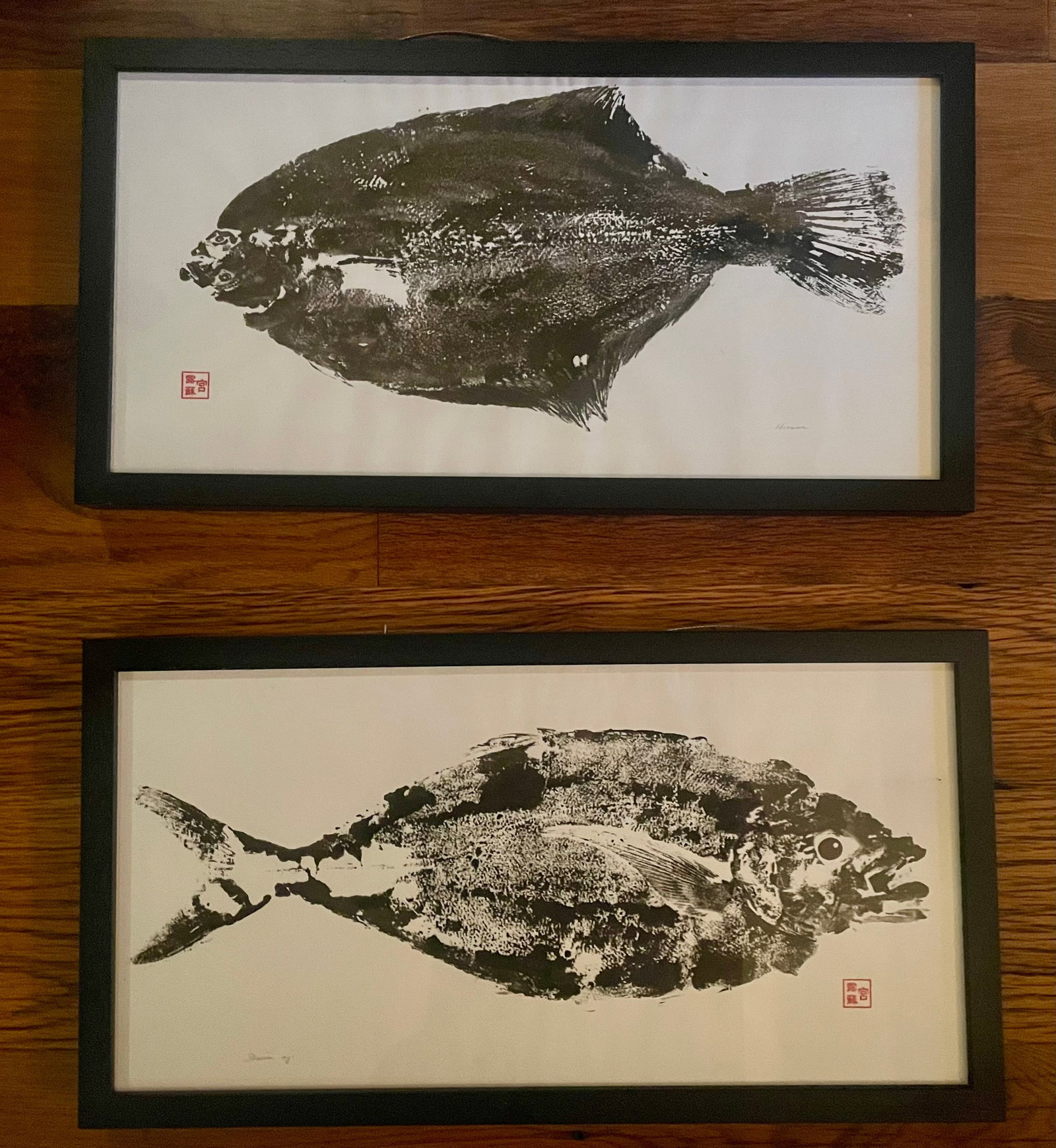 Hirame and Shima Aji (Set of Two Original Gyotaku Prints): Artist: Barbara Cross Title:Hirame and Shima Aji (Set of Two Original Gyotaku Prints) Description: Gyotaku is the traditional Japanese art of "fish rubbing" or printing fish, where "gyo" means fish an