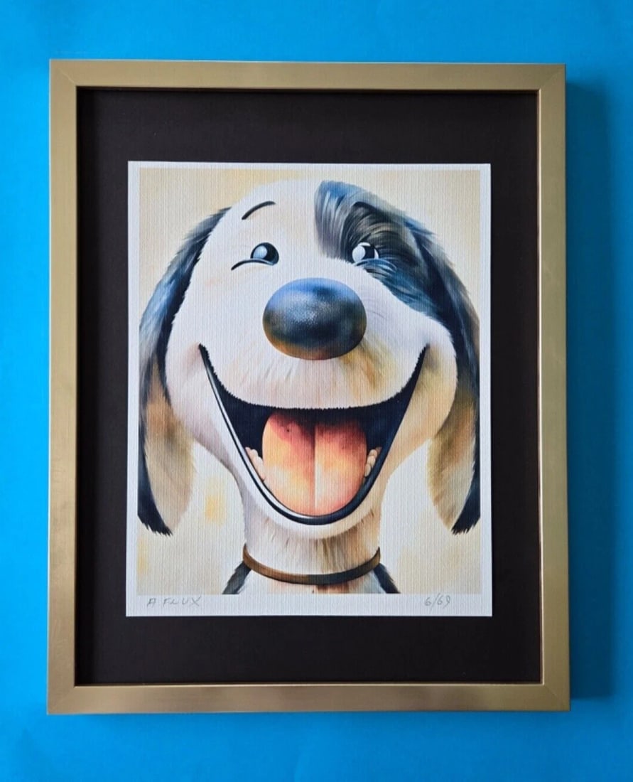 AIDAN FLUX | Hand Signed Authentic Print Framed "My Dog, my Friend" 6/69 COA: This is a one-of-a-kind Hand Signed Authentic Giclee by AIDAN FLUX. The print is 10x8in., measuring framed 16 inches in height and 12 inches in width, it comes framed with a Certificate of