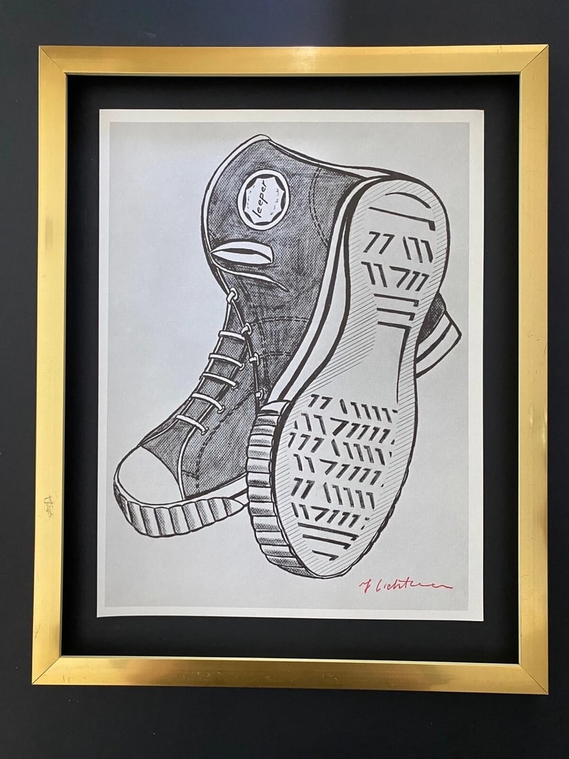 Roy Lichtenstein | Vintage 1970 Signed | Mounted & Framed Offset Lithograph: Up for Auction this Beautiful and Scarce Vintage 1972 Offset Lithograph Roy Lichtenstein " TENNIS SHOES " Stamp Signed Art Print is about 11 X 9 in. This piece is mounted on a 11 x 14 in. black acid f