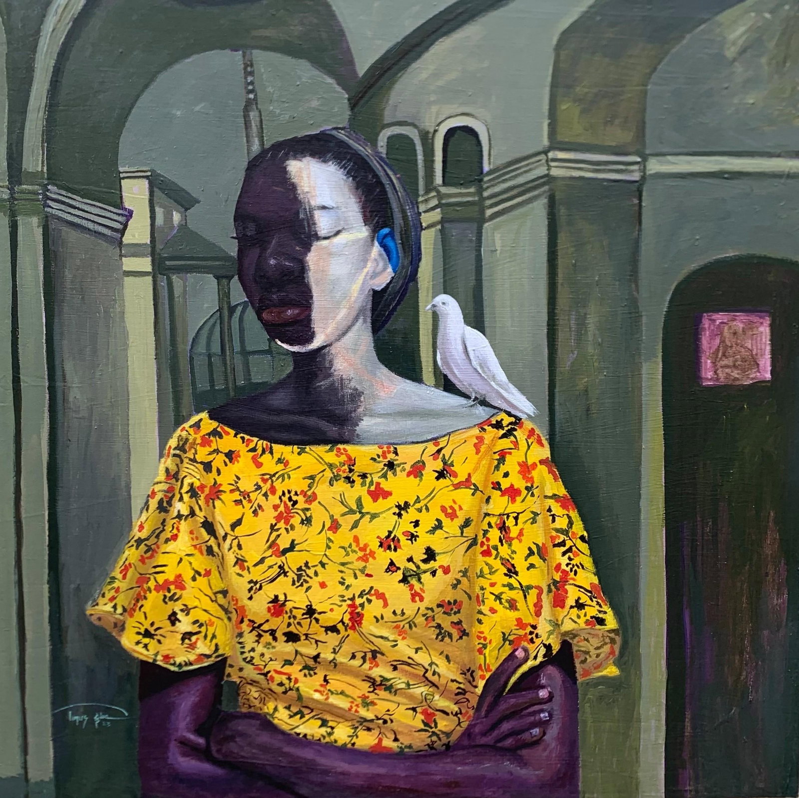 Aba Linus, Little Companion, 2023: Creator: Aba Linus (1997, Nigerian) Creation Year: 2023 Dimensions: Height: 31 in (78.74 cm)Width: 31 in (78.74 cm)Depth: 1 in (2.54 cm) Medium: Canvas,Acrylic Movement & Style: Conceptual Period: