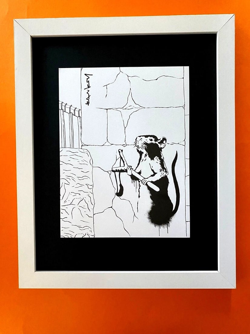 BANKSY + SIGNED GRAFFITI PRINT " THE RAT " + NEW FRAME: Beautiful and Scarce Print BANKSY Facsimile Signature in Ink Art Print is about 8 X 8 in. This piece is mounted on a 11 x 14 in. black acid free premium black board. Framed covers an area of 15x12in. 