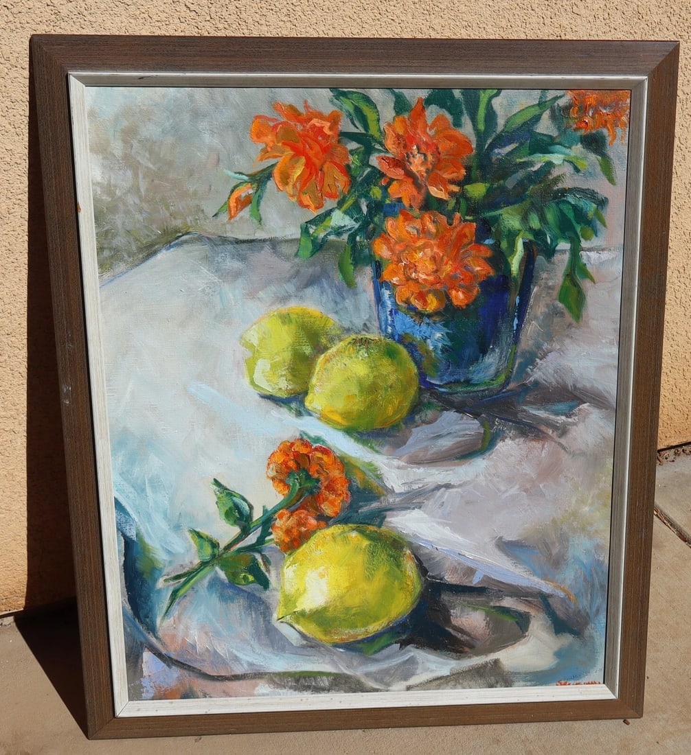 MICKEY SELIGMAN Still Life with Orange Flowers and Lemons oil painting: Title:MICKEY SELIGMAN Still Life with Orange Flowers and Lemons oil painting Description:Mickey Seligman. Still Life with Orange Flowers and Lemons, 30" x 24" oil on canvas (framed size: 33-1/2" x