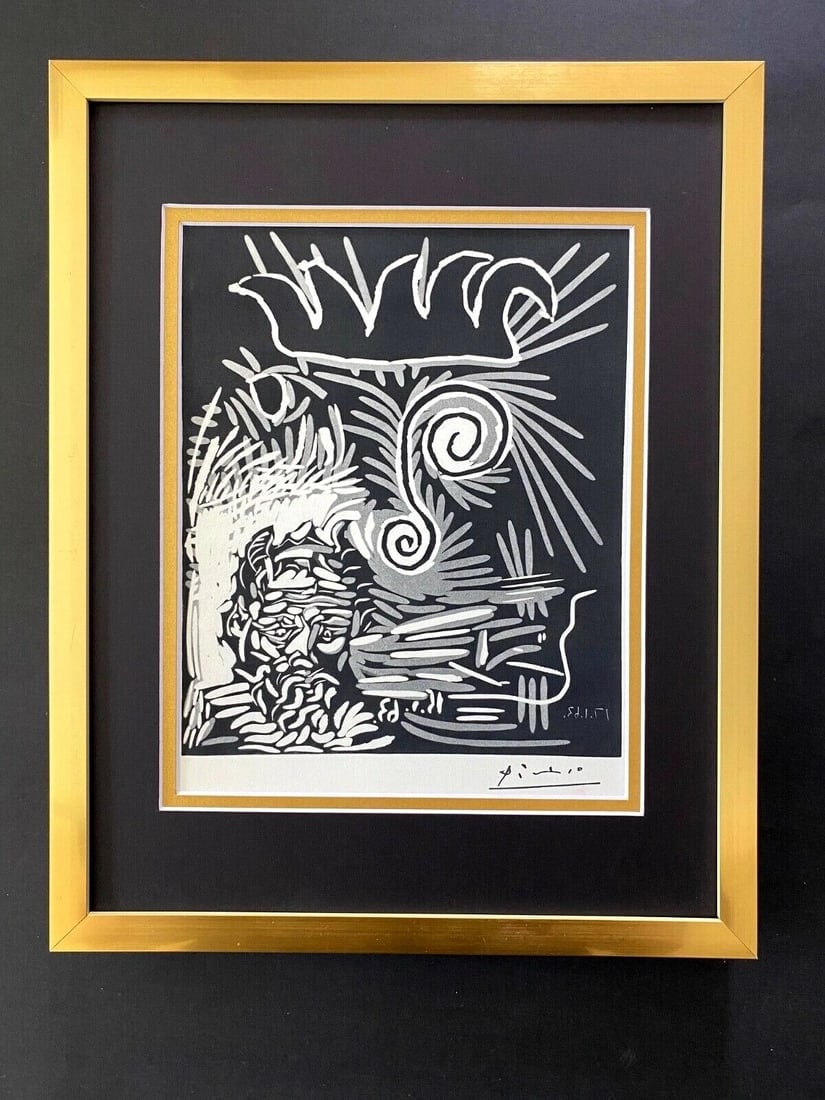 PABLO PICASSO 1955 SIGNED SUPERB PRINT FRAMED ART: This is a Beautiful and Scarce Vintage 1955 Print after PABLO PICASSO FACSIMILE INK SIGNED from His Etchings and Lithographs Collection Professionally Double Matted to be Framed at Home on your Favori