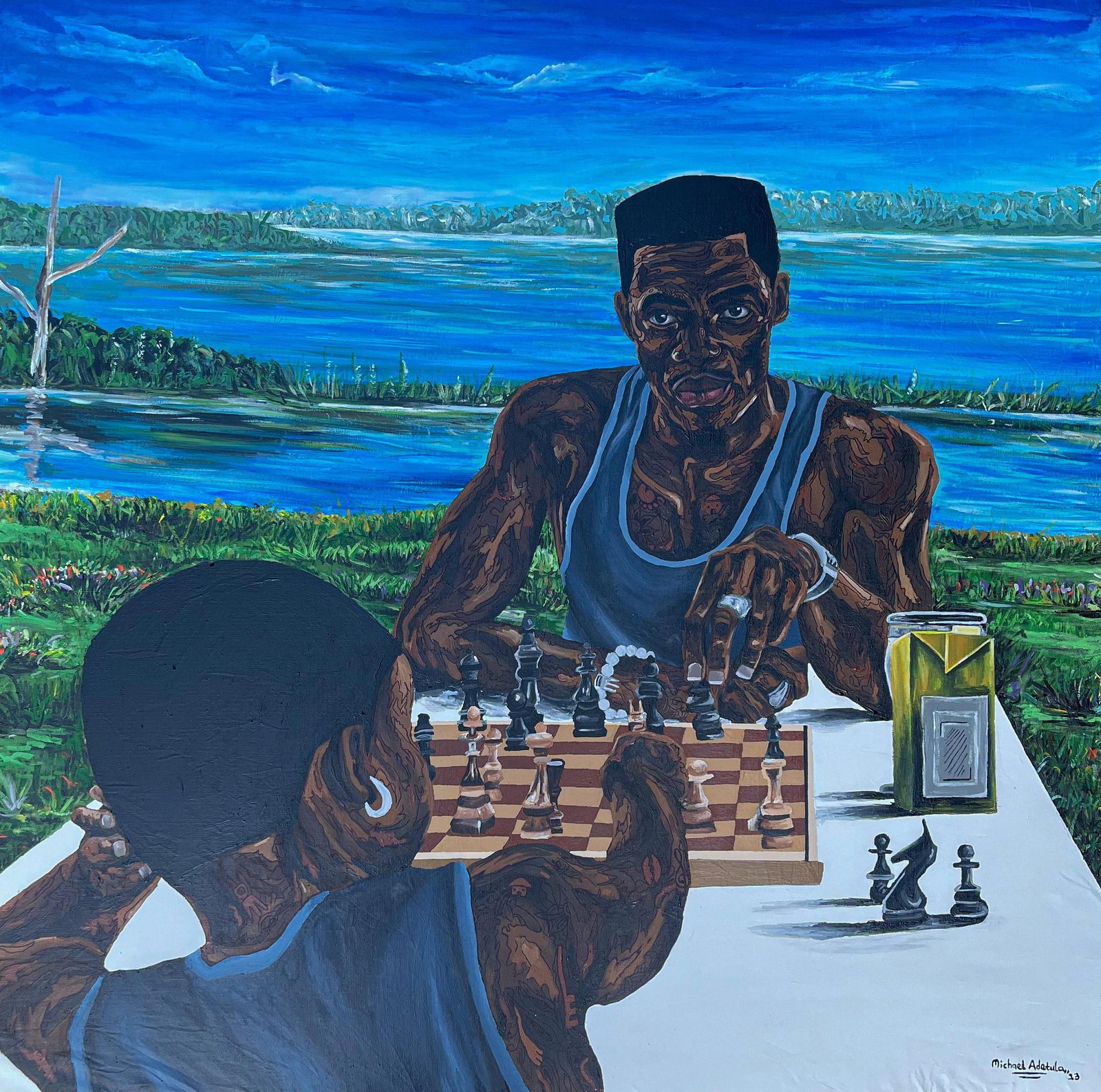 Michael Adetula, Game of Life, 2023: Creator: Michael Adetula (1998, Nigerian) Creation Year: 2023 Dimensions: Height: 36 in (91.44 cm)Width: 36 in (91.44 cm)Depth: 1 in (2.54 cm) Medium: Canvas,Charcoal,Mixed Media,Acrylic Movement & St