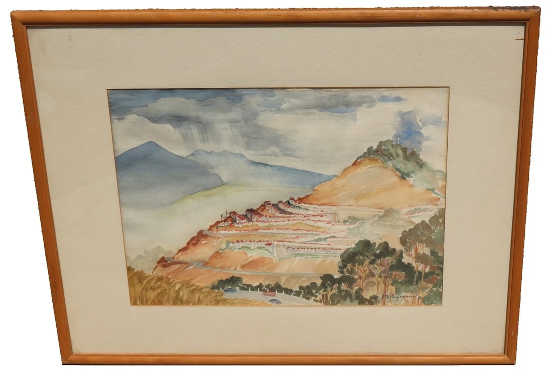 E. Evelyn Ringemann Mid Cent California watercolor Hillside Homes & Mtn w/ Cross: Title:E. Evelyn Ringemann Mid Cent California watercolor Hillside Homes & Mtn w/ Cross Description:E. Evelyn Ringemann. California Watercolorist. Mid Century painting of Hillside Homes and a Mountain