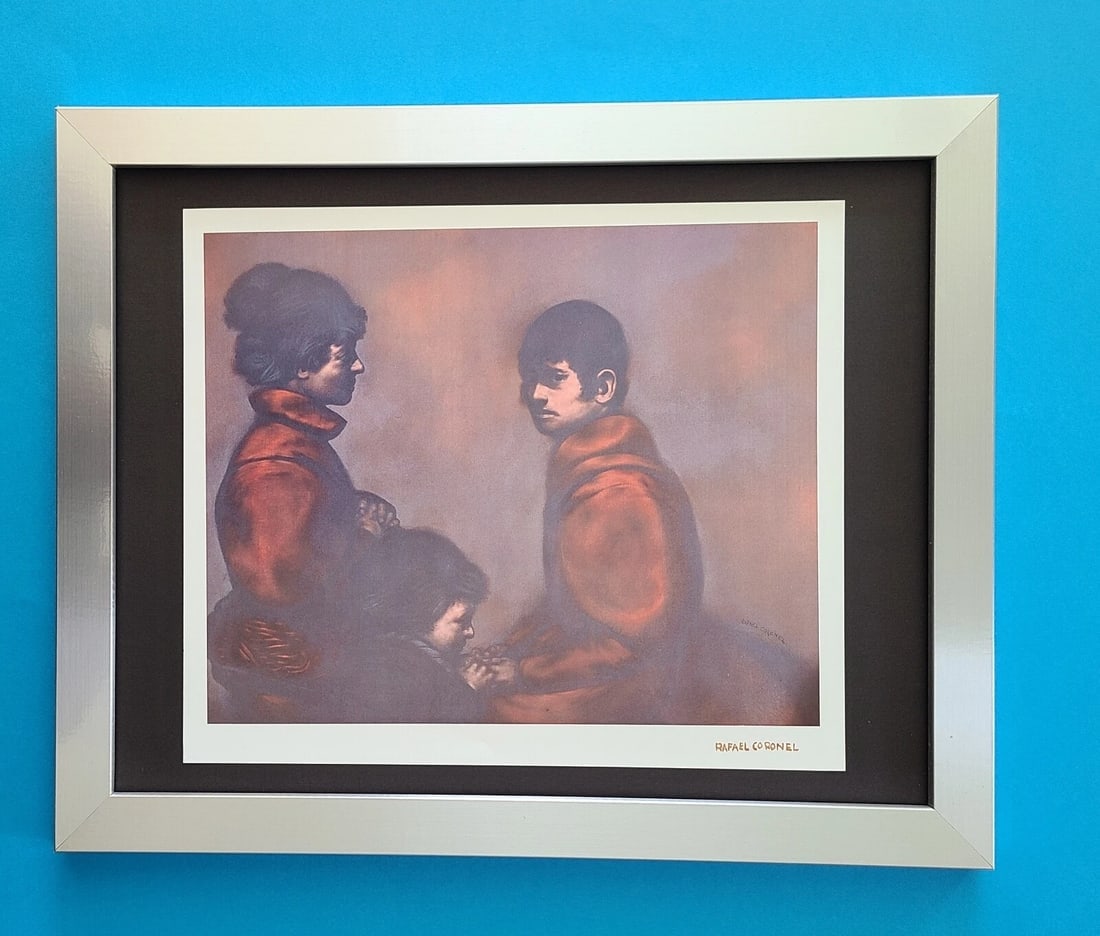 RAFAEL CORONEL + MEXICAN MASTER BEAUTIFUL PRINT + SIGNED FRAMED ART: This is a beautiful Vintage Print from Mexican Master RAFAEL CORONEL Facsimile Signature in Brown Ink Commissioned from the Art Collection of PEMEX (Petroleos Mexicanos) Printed in Magnolit Couche