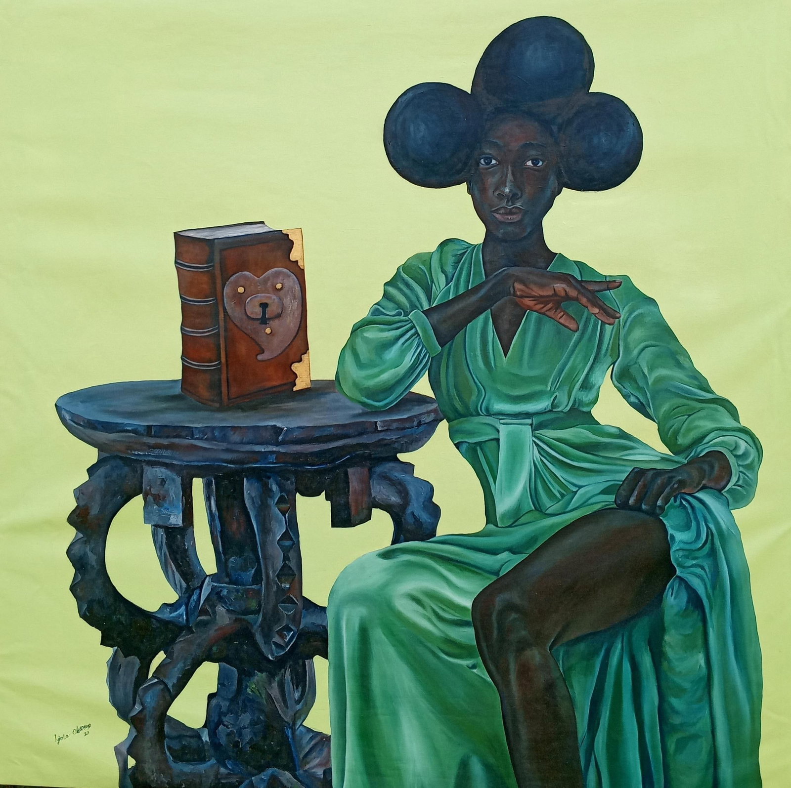 Iyiola Odunayo, Roots of Identity 2, 2023: Creator: Iyiola Odunayo (1995, Nigerian) Creation Year: 2023 Dimensions: Height: 48 in (121.92 cm)Width: 48 in (121.92 cm)Depth: 1 in (2.54 cm) Medium: Fabric,Canvas,Mixed Media,Oil,Acrylic Movement