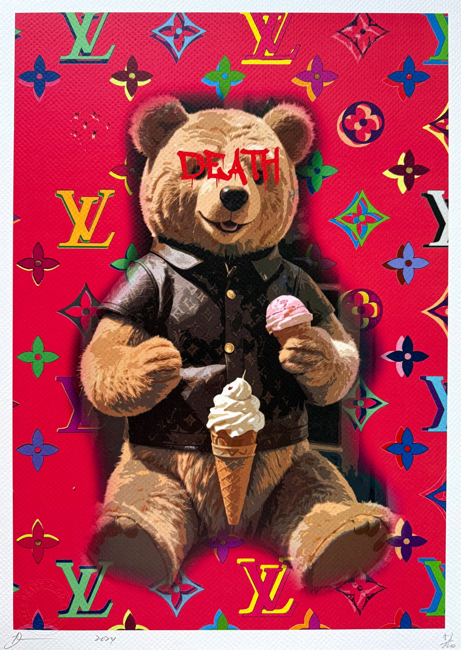 Death NYC Louis Vuitton Teddy Bear: Title:Death NYC Louis Vuitton Teddy Bear Date/Period:21st Century Materials:Giclee on Fine art 300 gsm paper Size:17 3/4 x 12 1/2 inches Description:Artist: Death NYC, limited edition giclee on