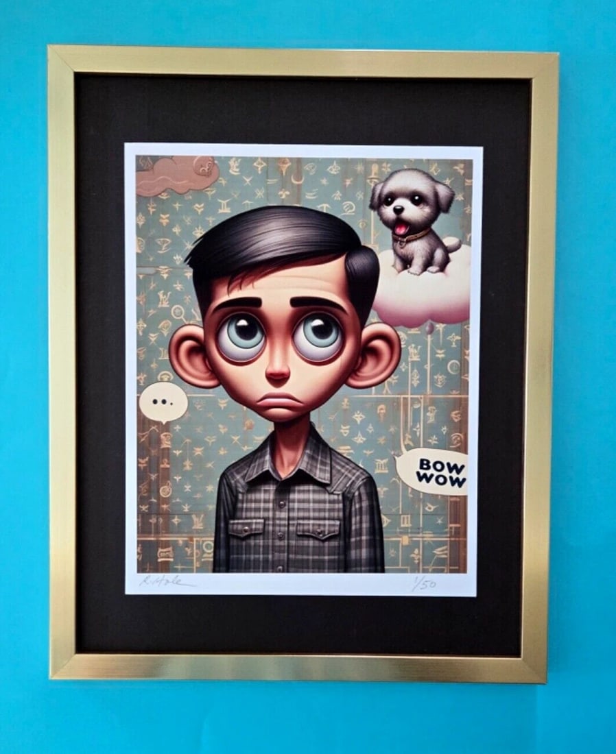 I MISS MY DOG BOWOW Hand Signed LtdEd Print by Pop Artist Rabbit Hole 2/50 COA: Up for auction is a rare and highly sought-after limited edition print of " I MISS MY DOG BOW WOW " by the enigmatic Pop Art Creator Rabbit Hole This captivating artwork is part of an exclusive series