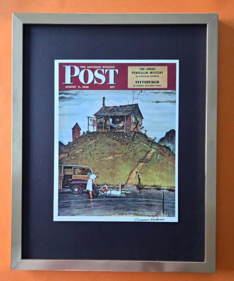 NORMAN ROCKWELL + Signed 1970's Print Mounted and Framed + Beautiful.: We have for Sale this Norman Rockwell AWESOME 1970's PRINT FACSIMILE SIGNED IN INK FRAME COVERS AN AREA OF 15 X 12 in PRINT IS MOUNTED OVER A BLACK BOARD AND FRAMED IN BRAND NEW GOLD FRAME EXCELLENT C
