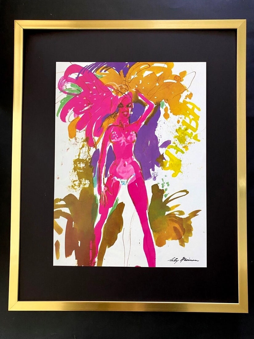 LEROY NEIMAN + SIGNED PRINT CARNAVAL IN RIO + 1981 FRAMED ART: We have for Sale this LEROY NEIMAN AWESOME 1981 PRINT ON GLOSSY PAPER " CARNAVAL IN RIO " FACSIMILE SIGNED IN INK FRAME COVERS AN AREA OF 17 X 13 in MOUNTED AND FRAMED EXCELLENT CONDITIONS