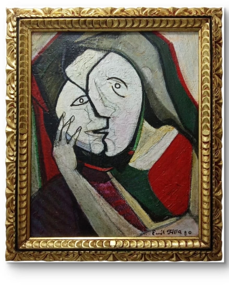 Emil Filla (Czech, 1882 - 1953) Oil canvas painting , Original - Signed: Artist: Emil Filla (Czech, 1882–1953) *Title: Untitled (Cubist Portrait) * Year: c. 1960s (Post‑War Period) * Medium: Oil on Canvas * Technique: Hand‑painted * Signature: Yes, signed