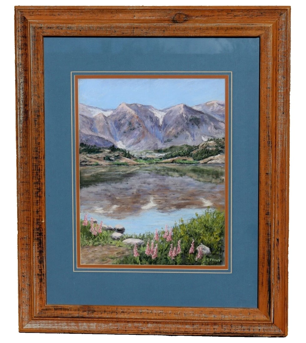 ENA M. SROAT Snowy Range Reflections Pastel Painting: Title:ENA M. SROAT Snowy Range Reflections Pastel Painting Description:ENA M. SROAT (1907-1996). Snowy Range Reflections, 13-1/2" x 11" sight size pastel (framed size: 24" x 20") signed lower right.