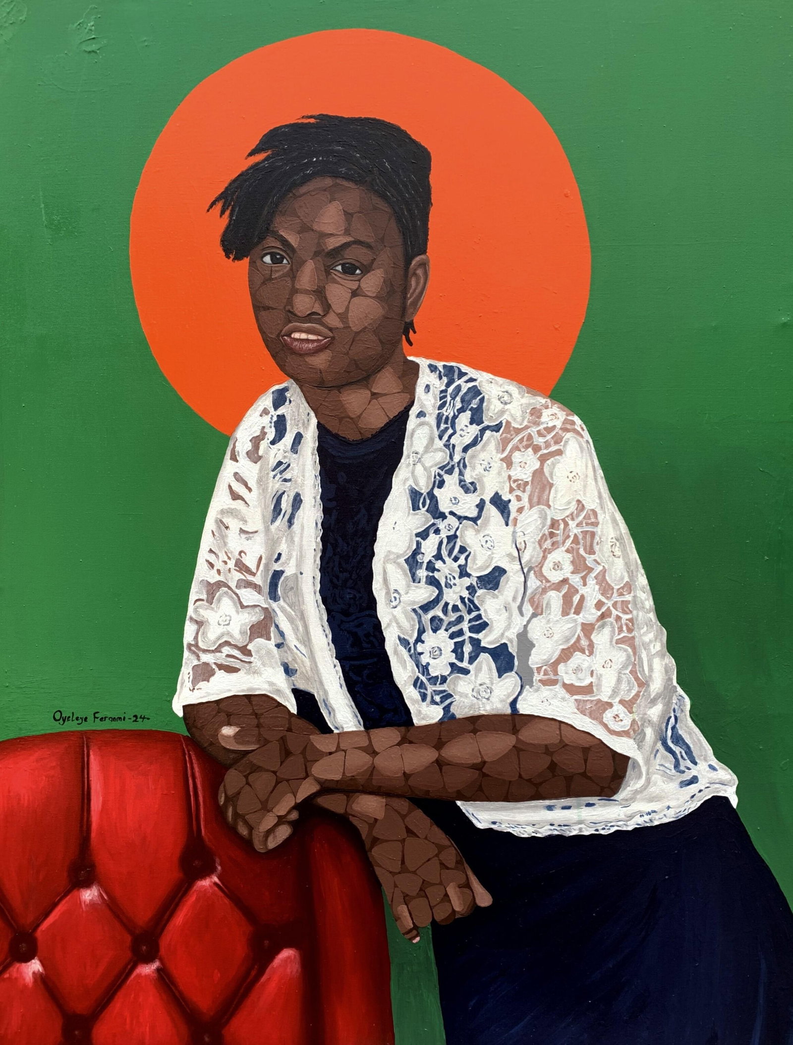 Oyeleye Feranmi, In White Sleeve, 2024: Creator: Oyeleye Feranmi (2000, Nigerian) Creation Year: 2024 Dimensions: Height: 48 in (121.92 cm)Width: 36 in (91.44 cm)Depth: 1 in (2.54 cm) Medium: Canvas,Acrylic Movement & Style: Contemporary