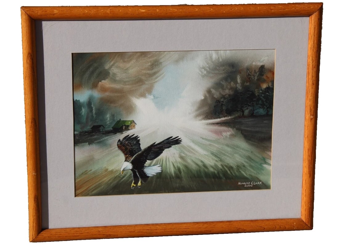 HOWARD CLARK California artist Flying Eagle Near Cabins 2000 Mixed Media: Title:HOWARD CLARK California artist Flying Eagle Near Cabins 2000 Mixed Media Description:HOWARD CLARK. California artist that lived in Winton, California. Flying Eagle Near Cabins (artist's title: