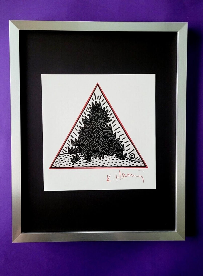 Keith Haring | Vintage Print Signed | Mounted & Framed in Silver: Up for Auction this Beautiful and Scarce Vintage 1989 Offset Lithograph after Keith Haring Facsimile Signed Art Print is about 8 X 8 in. This piece is mounted on a 11 x 14 in. black acid free black bo