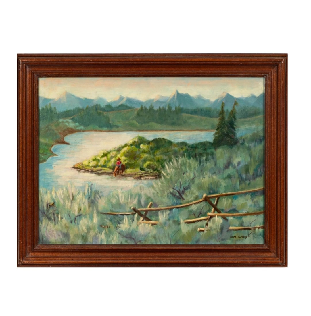 LLOYD HARTING Western Scene Cowboy Watering His Horse at a River OIL PAINTING: Title:LLOYD HARTING Western Scene Cowboy Watering His Horse at a River OIL PAINTING Description:LLOYD HARTING (1901-1974). ORIGINAL OIL PAINTING. Cowboy Watering His Horse at a River, Circa late 1960s