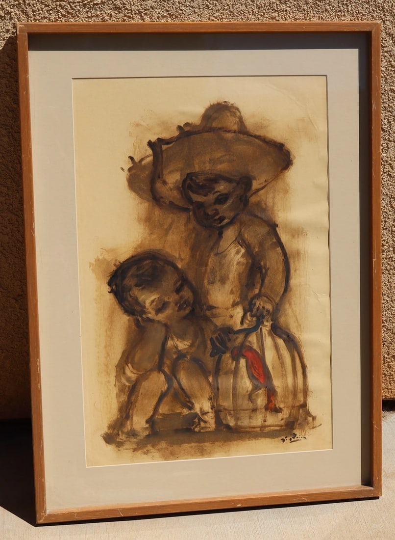 DIETRICH GRUNEWALD Original MCM Mixed Media Two Mexican Children with a Birdcage - 2