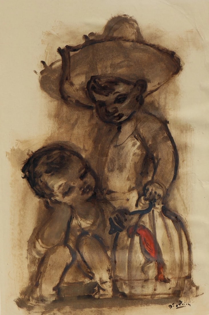 DIETRICH GRUNEWALD Original MCM Mixed Media Two Mexican Children with a Birdcage - 3