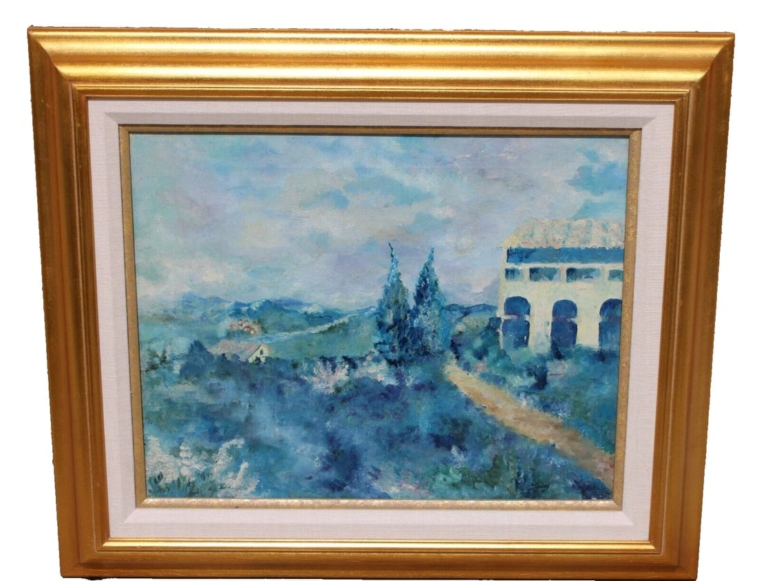 LYDIA COOLEY Mid Century Landscape with Houses and Trees oil painting 1961 - 2