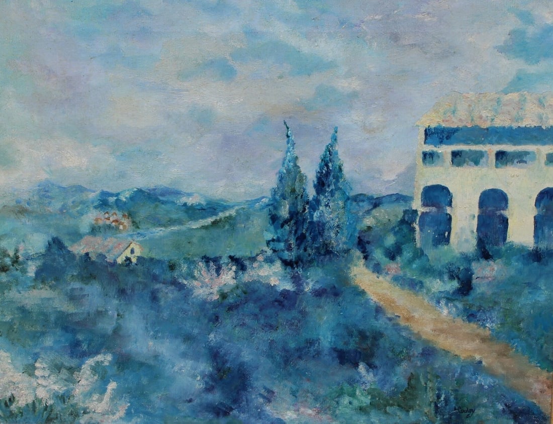 LYDIA COOLEY Mid Century Landscape with Houses and Trees oil painting 1961 - 3