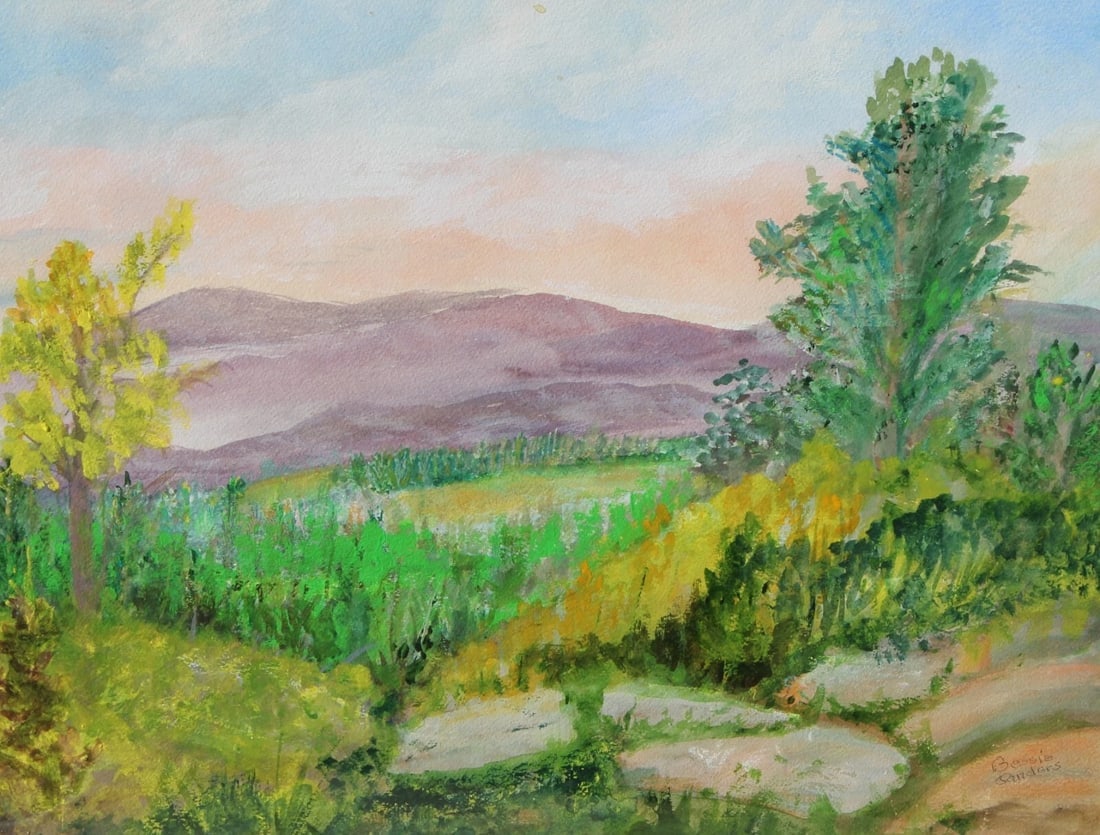 BESSIE SANDERS plein air landscape with Mountain and Trees Watercolor - 3