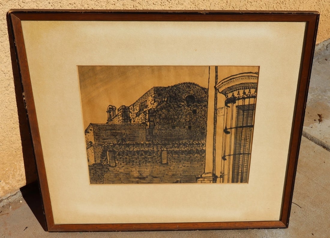 WILLIAM JURGEN HESTHAL Original Old Ink and Wash Drawing of Mexican Architecture - 2