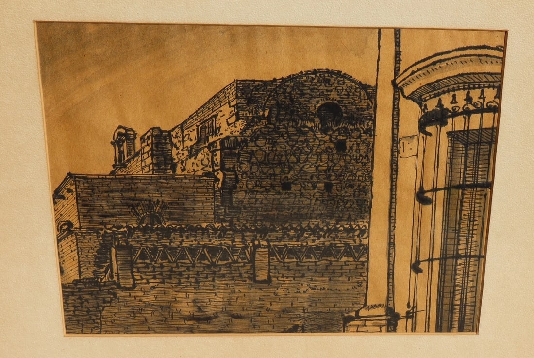 WILLIAM JURGEN HESTHAL Original Old Ink and Wash Drawing of Mexican Architecture - 3
